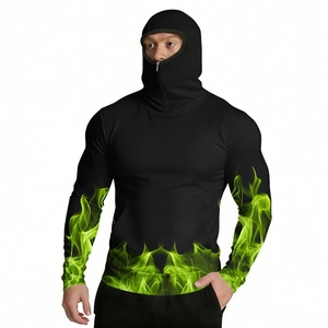 Detail of men's black ice silk sun protection hoodie with green flame patterns