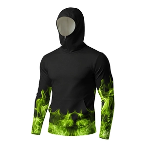Detail of high collar hoodie with silver zipper and green flame prints on sleeves