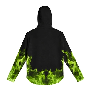 Detailed back view of outdoor sun protection jacket with neon green flame pattern on black