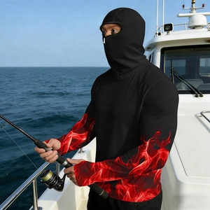 Detail of hooded sun protection fishing jacket with integrated face mask and flame sleeves