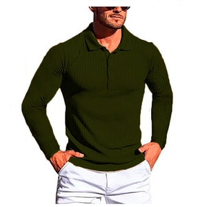Polo da uomo a maniche lunghe slim fit in tessuto a costine verde militare con colletto