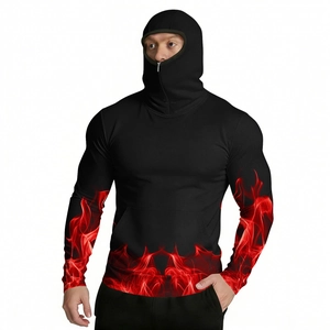 Detail of hooded sun protection jacket with balaclava mask and red flame prints