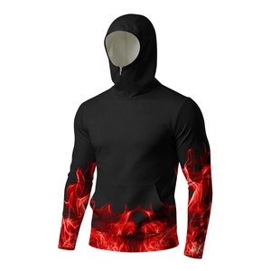 Detail of high neck zipper and hood on black ice silk jacket with red flame print