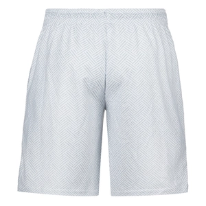 Detail der Herren-Shorts mit weißer Basis, grauem 3D-Geometriemuster und atmungsaktivem Mesh