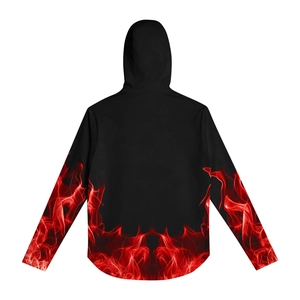 Rear view of black hoodie featuring vibrant red flame patterns on the hem and sleeves