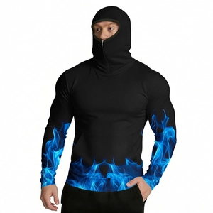 Detail of hooded sun protection jacket with blue flame prints and integrated face mask