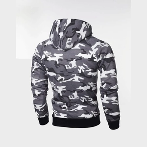 Rückansicht von Herren Tarn-Kapuzenpullover mit Raglanärmeln und Rippenbündchen
