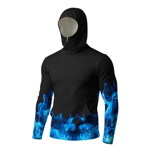 Detail of black cooling sun protection jacket with blue flame prints and zipper hood