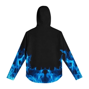 Detail of black hoodie with vibrant blue flame prints on the back hem and sleeve cuffs