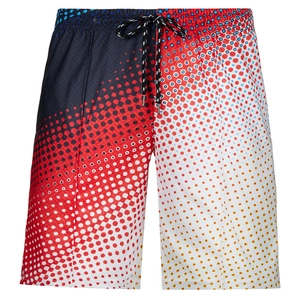 Detail der Herren-Freizeitshorts mit buntem Polka-Dot-Farbverlauf und Kordelzug am Bund