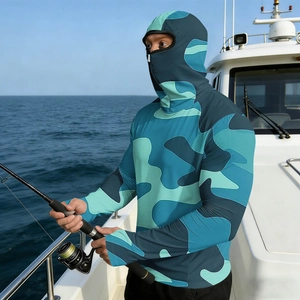 Close-up of camouflage sun protection jacket with integrated face mask for sea fishing