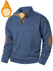 Detail of blue men's thermal pullover with brown leather patches and warm fleece lining