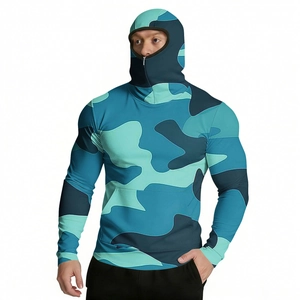 Detail of hooded sun protection jacket with built-in face mask and blue camouflage pattern