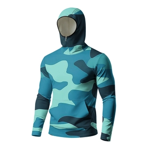 Macro detail of men's camouflage sun protection hoodie with integrated face mask and pocket