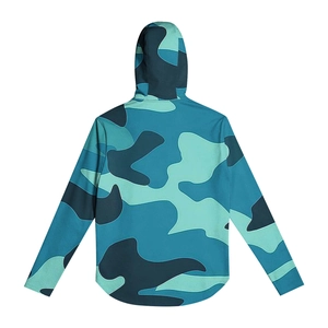 Detail of blue camouflage hooded jacket showing curved hem and ice silk breathable fabric