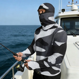 Detail of men's camo sun protection hoodie with integrated face mask on a boat