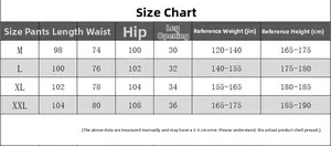 Detailed size chart for men's drawstring sports trousers with measurements from M to XXL