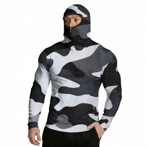 Detail of men's camouflage sun protection jacket with integrated face mask and zipper