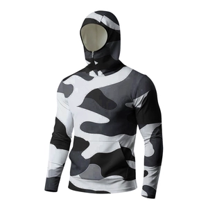 Detail of camouflaged sun protection hoodie with integrated face mask and kangaroo pocket