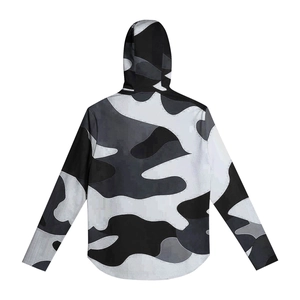 Rear view of camouflage sun protection jacket featuring hooded design and curved hemline
