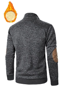 Macro shot of men's casual knit jacket showing the thick fleece lining and elbow patches