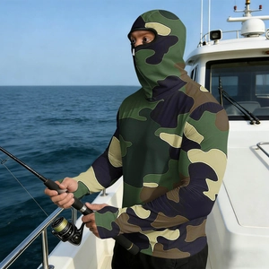 Detail of men's camo fishing sun hoodie with face mask on a boat deck during sea fishing