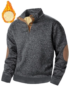 Detail of men's grey knit sweater with fleece lining and brown leather patches