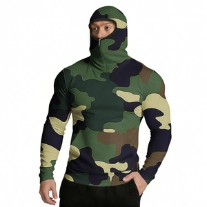 Close-up of tactical camo sun protection hoodie with integrated neck guard and hood