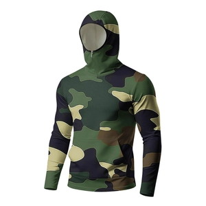 Detail of outdoor sun protection camo jacket with integrated hood and face mask