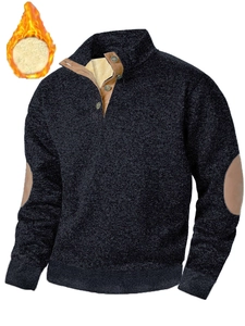 Men's sweatshirt detail showing warm brown fleece lining and three-button stand collar