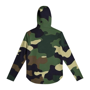 Rear view of camouflage sun protection jacket with hood and curved hem design