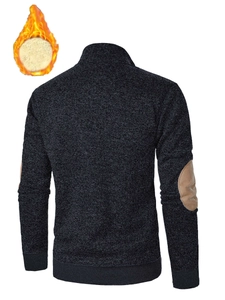 Detail showing plush fleece lining and brown suede elbow patches on dark gray cardigan