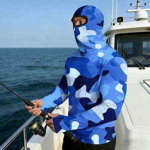 Detail of blue camo sun protection shirt with integrated face mask for fishing