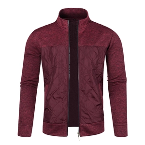 Men's wine red zip-up cardigan jacket with quilted front and stand collar design