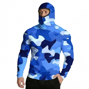 Close-up of blue camo sun protection shirt with integrated face mask and hood