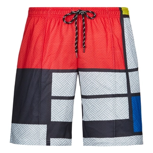 Detailansicht der Herren-Badeshorts mit geometrischem Muster und elastischem Kordelzug