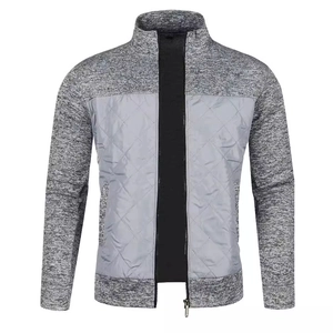 Men's stylish gray knitted cardigan jacket with quilted panels and full zipper closure