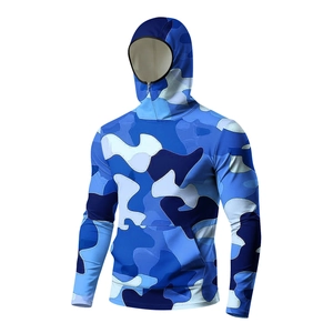 Blue camouflage sun protection jacket detail featuring a built-in face mask and hood