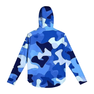 Rear view of lightweight blue camouflage sun protection jacket with curved hem design