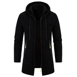 Men's long knit hoodie in black with contrast neon green zipper pulls and slim fit