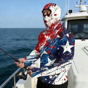 Men's ice silk fishing jacket with hooded mask in red, blue, and white flag pattern