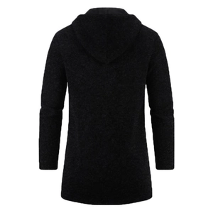 Detailed back view of men's black hooded knit cardigan showing textured waffle fabric