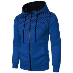 Men's casual blue hoodie with black dot gradient 3D print and full zip closure