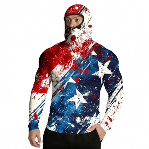 Detail of outdoor sun protection jacket featuring integrated face mask and patriotic print