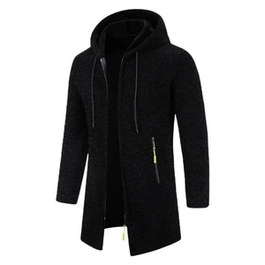 Men's dark grey hooded long knit cardigan with neon green zipper detail