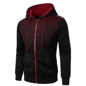 Men's casual zip-up hoodie featuring black and red color block and gradient dot patterns