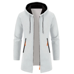 Detail of white hooded cardigan with black contrast hood lining and orange zipper pulls