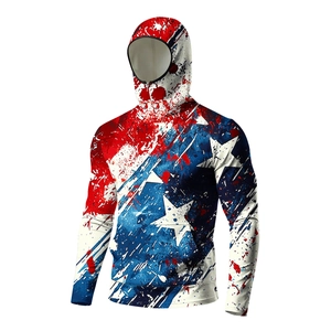 Detail of hood with integrated face mask and patriotic star pattern on sun hoodie