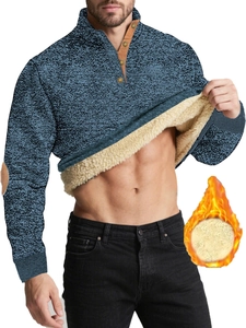 Detail view of men's quarter-button sweatshirt with warm thermal fleece lining and patches
