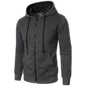 Men's dark grey hooded zip-up sweatshirt with black polka dot print and drawstring